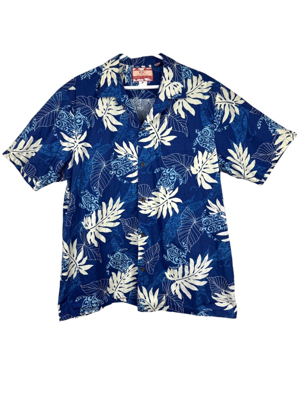 RJC Hawaiian Shirt Men's Size XL Blue White Sea Turtles USA Made Resort Tiki Bar